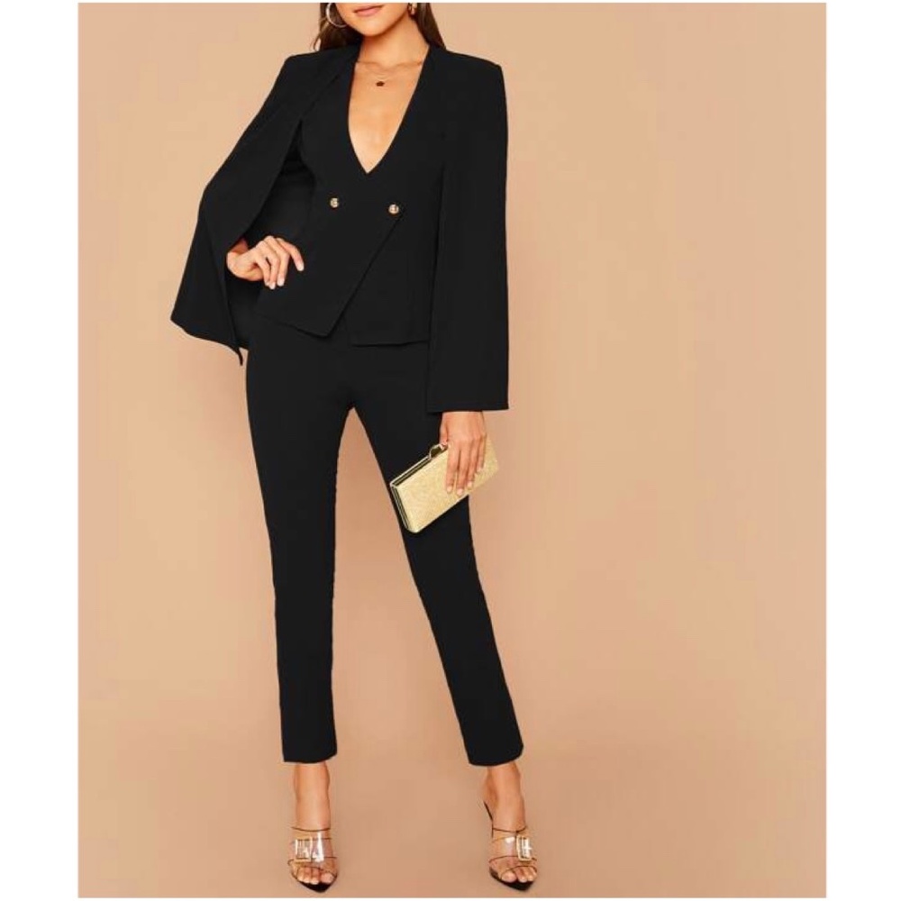 Black Blazer Button Cape & pants suit Tailored set Work Office